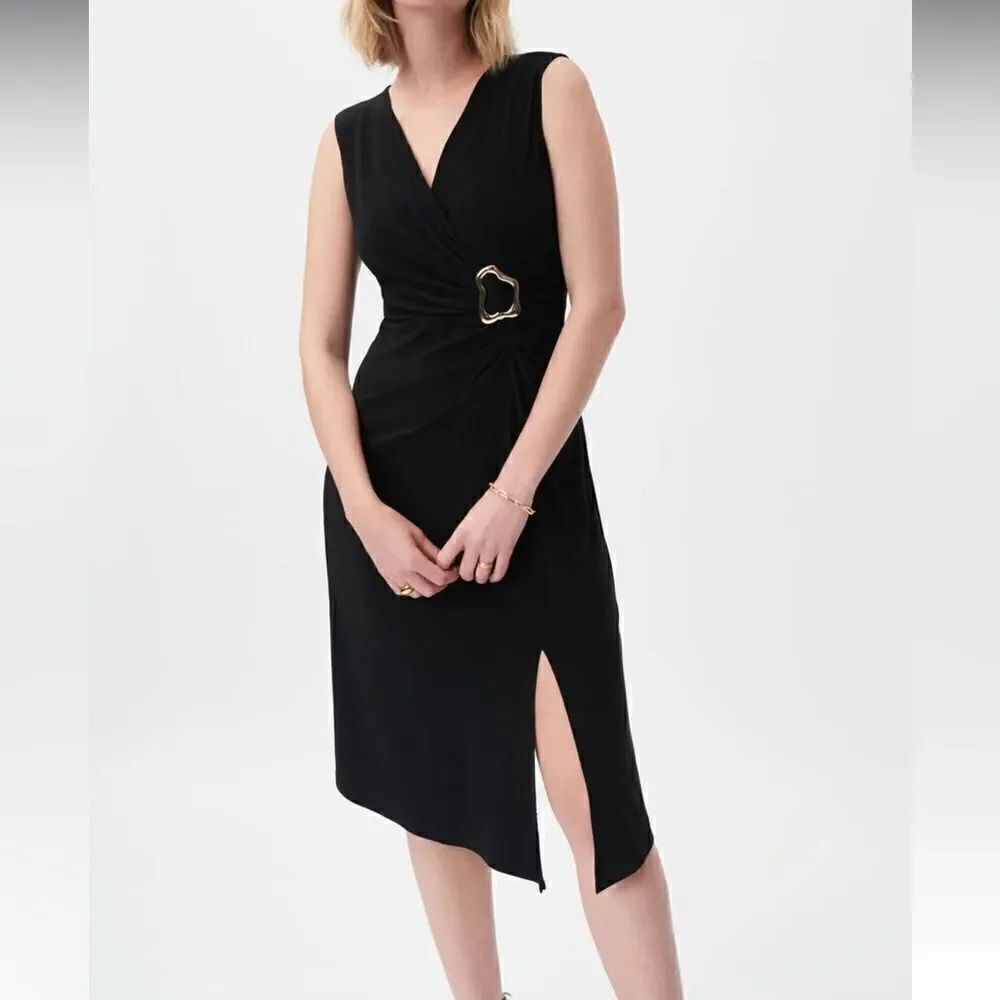 Joseph Ribkoff Black Sleeveless V-neck Evening Midi Dress Size 10